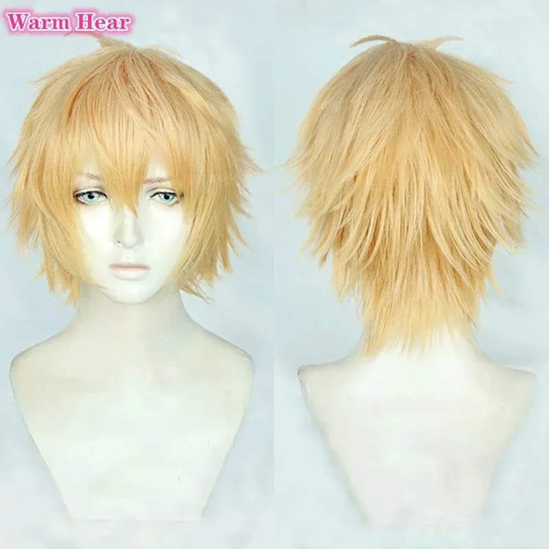 Denji Men Short 30cm Golden Cosplay con capelli resistenti al calore con denti Parrucche per giochi di ruolo per feste di Halloween + un berretto per parrucca