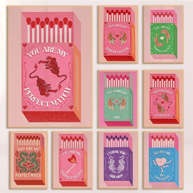 (No frame)Vintage Tiger Matchbox Poster Retro Style Matchbox Inspiration Canvas Painting Pink Wall Art Picture for Living Roo