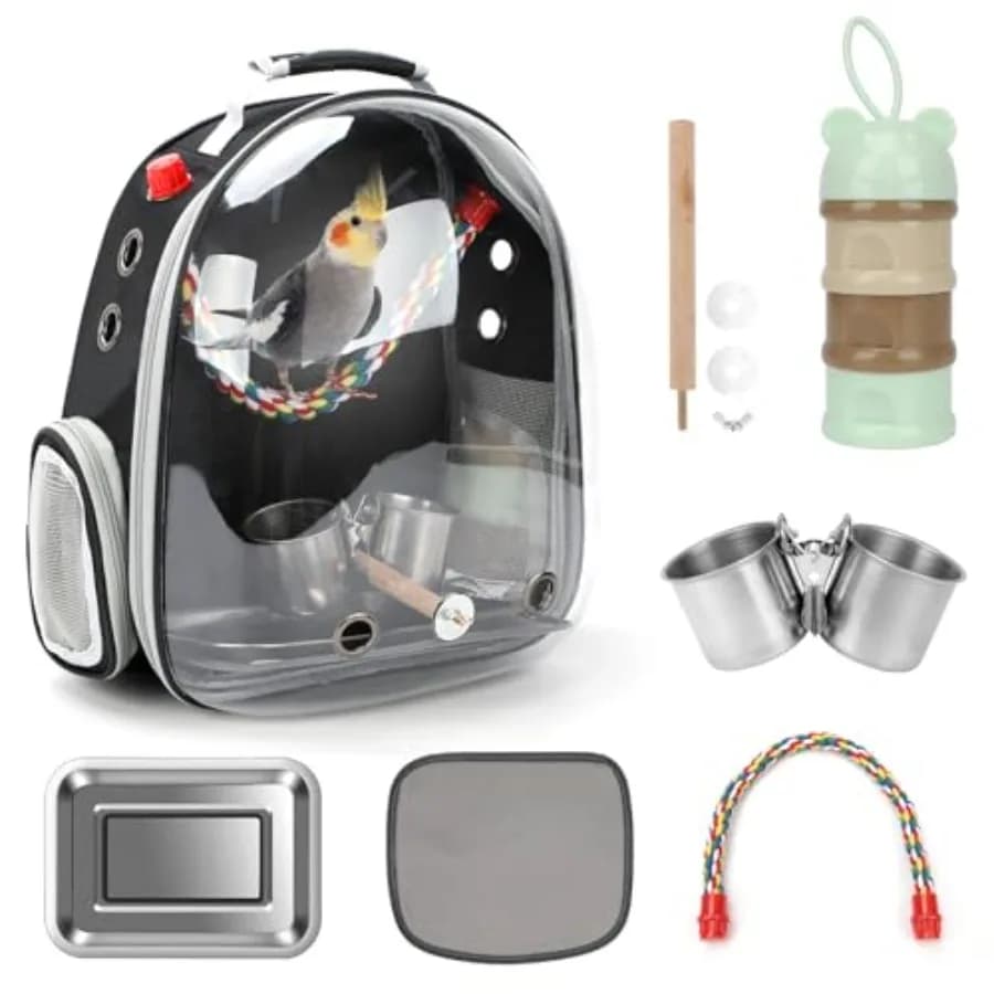 Zaino Trasportino per Uccelli, Borsa Traspirante Portatile per Pappagalli, Gabbia da Viaggio Leggera con Posatoio e Telaio in Acciaio Inossidabile
