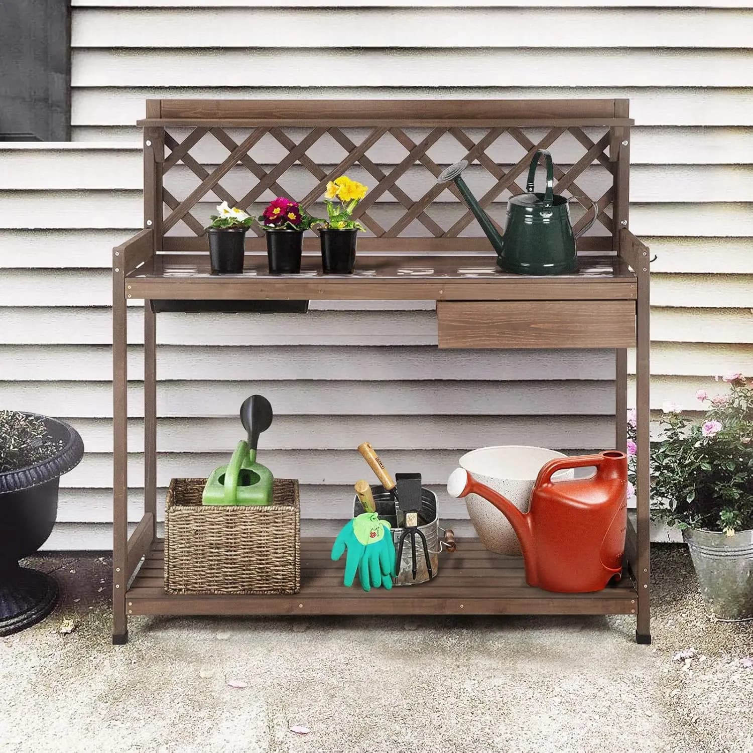 Panca per invasatura con strato in PVC, lavello, coperchio, panca da lavoro per giardinaggio, tavolo per piantare in legno da esterno con contenitore, cassetto, mensola, gancio