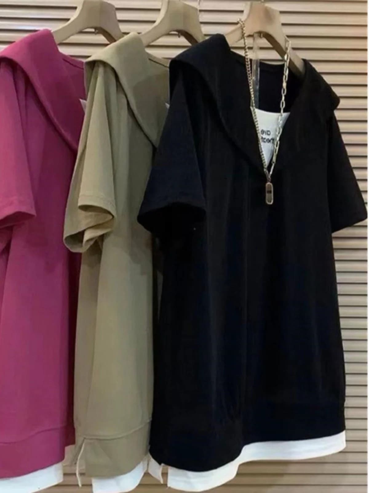 Plus Size Allentato Pigro Sle Carne Nascondere Falso in Due Pezzi Dimagrante Colletto Navy T-Shirt da Donna Estiva Coreano Sle Pendolari