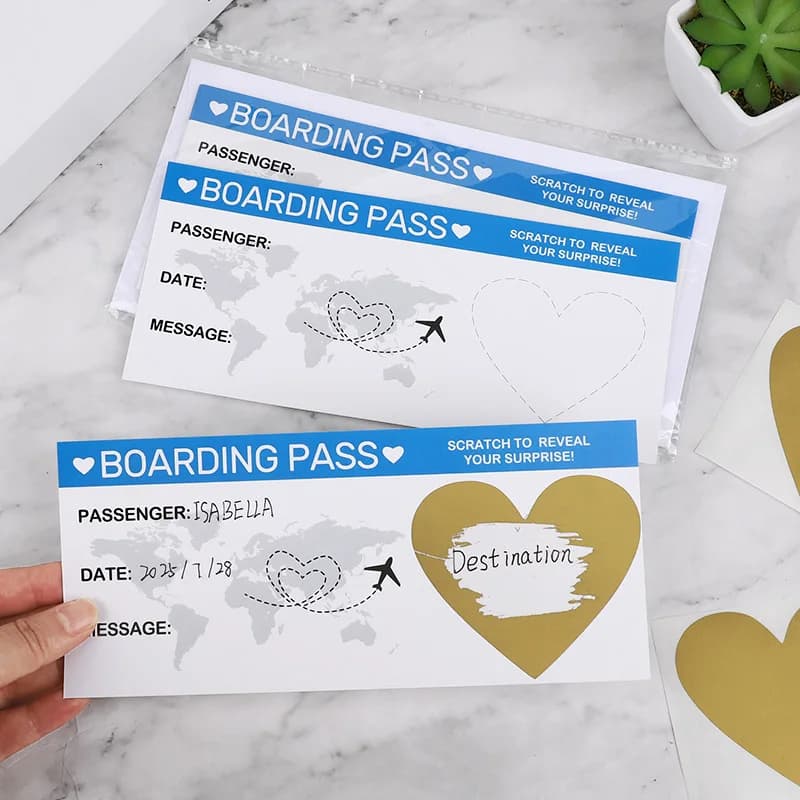 5 fogli di carte da gioco da grattare per carte d'imbarco con busta, regalo a sorpresa fai-da-te per biglietti da viaggio natalizi per matrimoni, feste di compleanno
