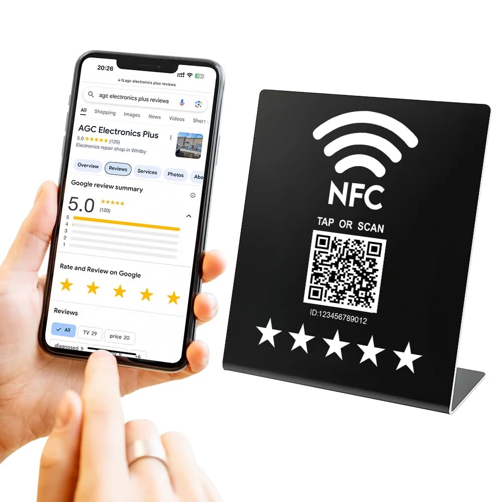 Etichetta programmabile NFC Revisione Google Stand Codice QR e schede NFC 13,56 MHz Recensioni per il marketing delle piccole imprese Aumenta la tua impresa