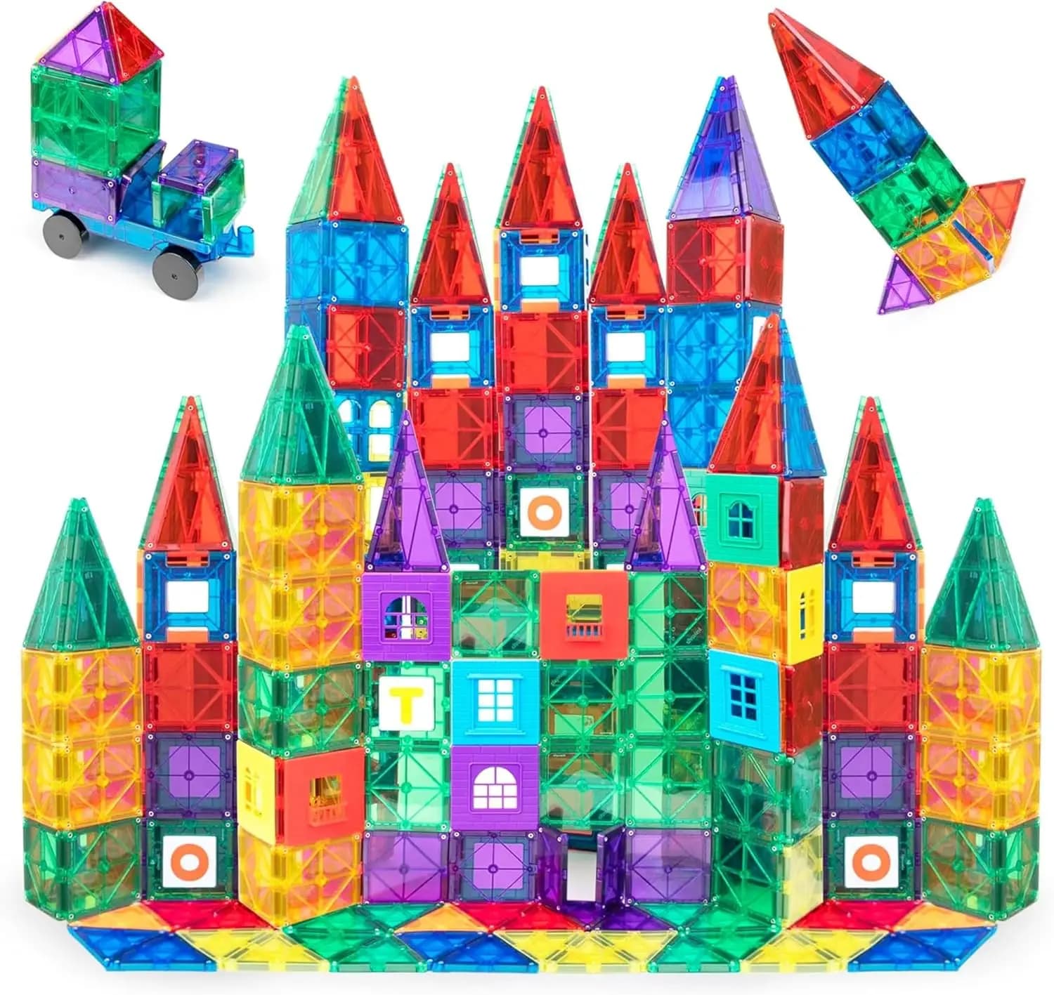 Virella Store Playmags Magnetic Tiles for Kids 150-Piece Set, STEM Educational Building Blocks Toys for Kids, Includes Click-in ABC Learning Tiles, Gift for Boys & Girls, Add on Magnetic Figures, Car Set Available