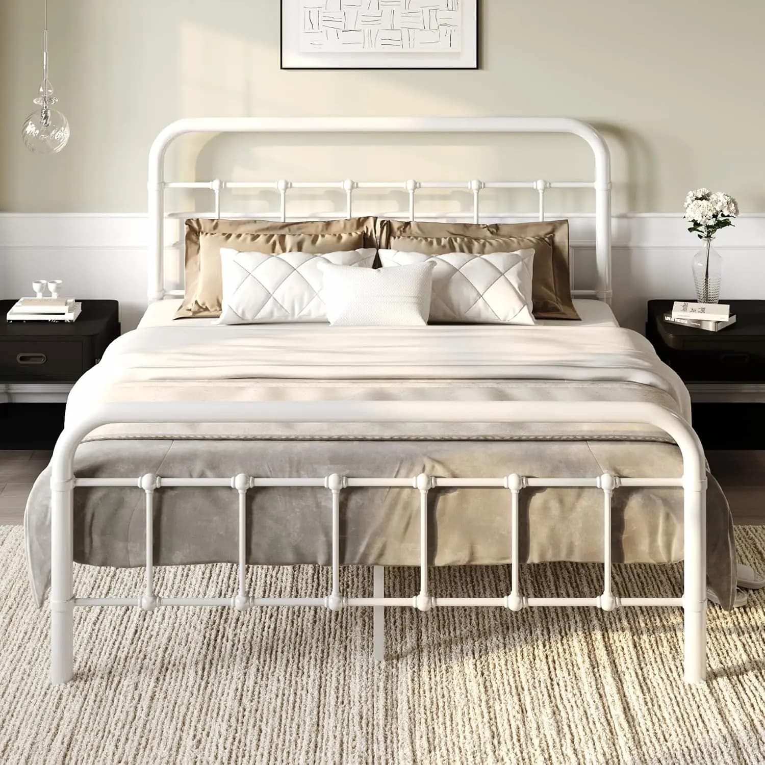 Metal double bed frame with platform, headboard and footboard in vintage style, durable mattress base, customizable