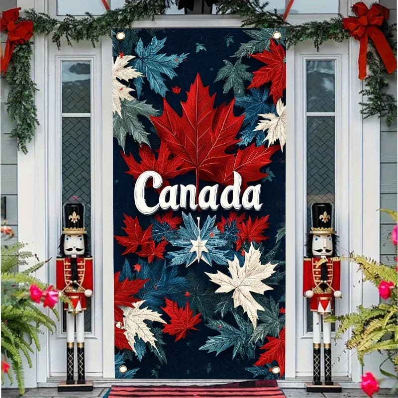 1 2D flat curtain, 1 Canadian patriotic maple leaf flag curtain, bright red/white/blue color scheme
