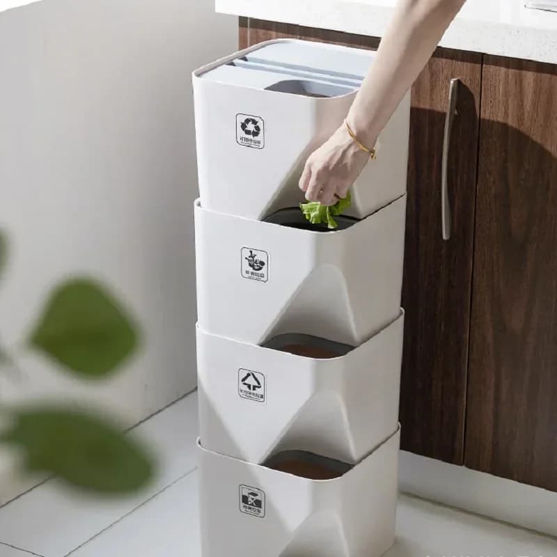 Ordinamento dei rifiuti Pattumiera per uso domestico con coperchio Soggiorno Cucina Ordinamento Cestino di carta Separazione bagnata e asciutta Pila di rifiuti di plastica