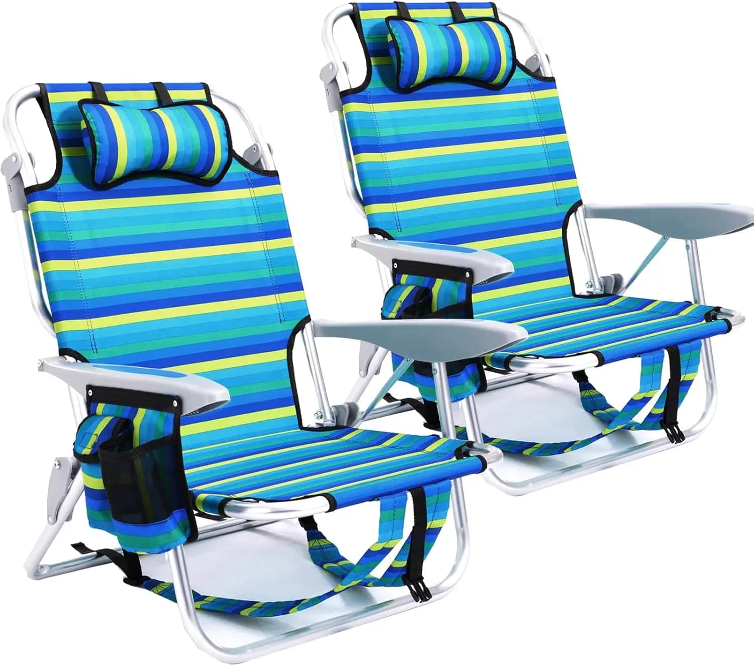2 Pack Lightweight Portable Lay Flat Folding Beach Chairs For Adults With 5 Positions Backpack Towel Bar Zipper Pouch Cup Holder