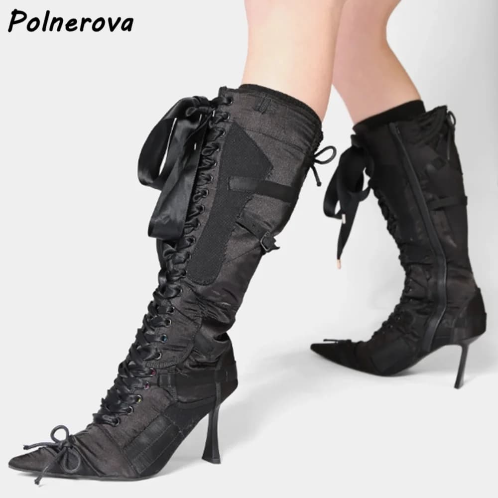 Stivali con nodo a farfalla macchiata nera Punta a punta Tacchi sottili Stringati Scarpe invernali a pieghe incrociate Stivali eleganti al ginocchio da donna