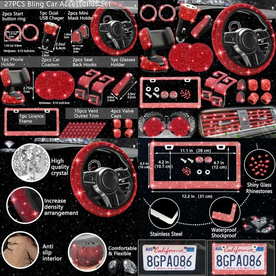 Set di 27 Accessori Auto Rossi Luccicanti per Donne, Coprivolante Universale 15 Pollici, Cornice Targa Luccicante, P