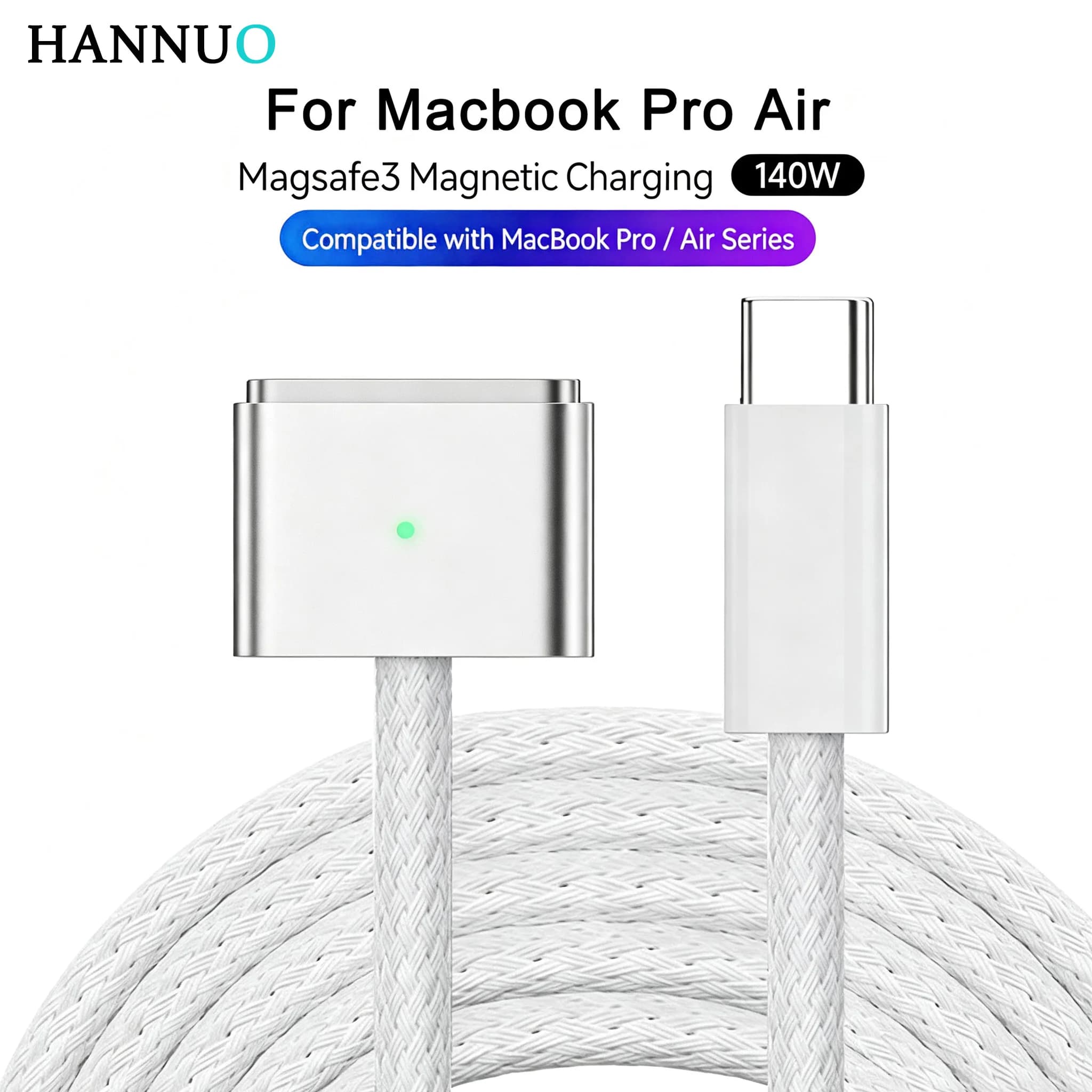 HANNUO PD 140W Type-C To Magsafe 3 Fast Charge Cable for MacBook Pro Air Laptop USB-C to Mag2 T-shaped Braided Charging Cable