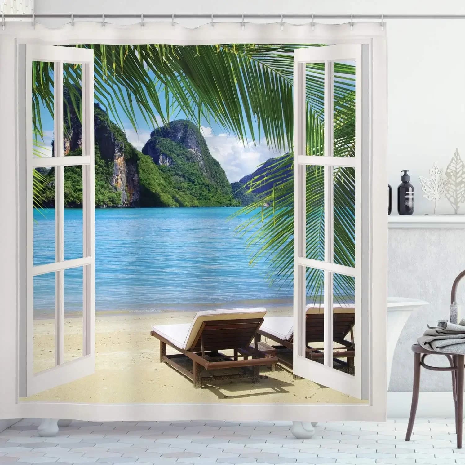 Ocean Shower Curtain, Beach Tropical Palm Island Sea Turtle Cat Sailing Flamingos Coral Shell, Bathroom Decor