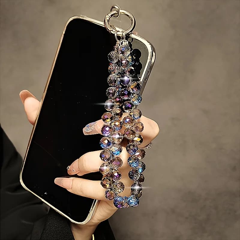 Cinturino da polso corto per telefono in cristallo di lusso, 4 pezzi, con ciondolo a goccia d'acqua fatto a mano con perline, elegante anello in metallo.