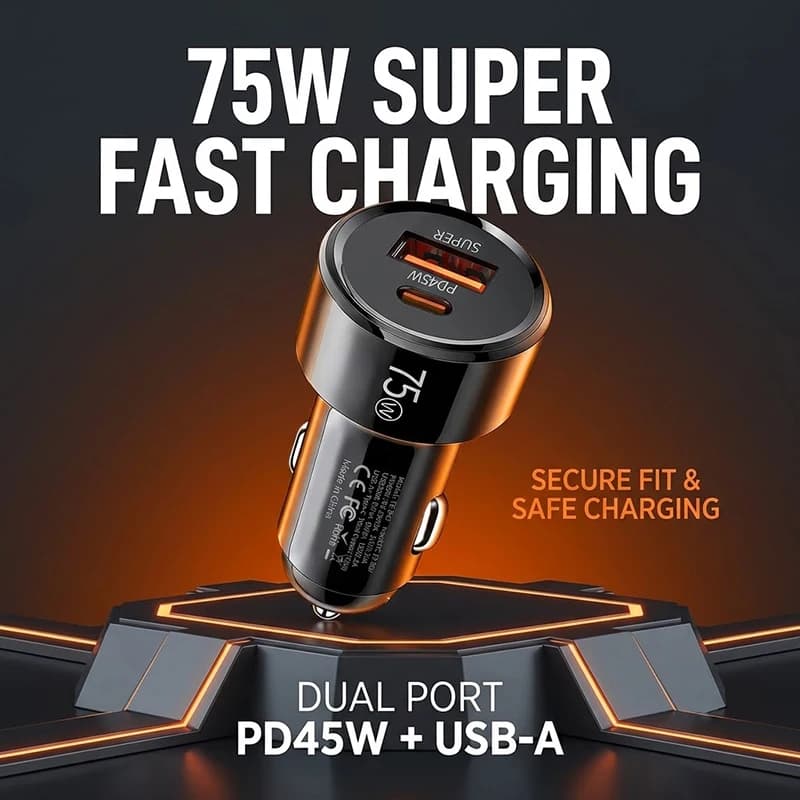 75W Dual Port Car Charger PD 45W USB C and 30W USB A Fast Charging Cigarette Lighter Adapter Smart Chip Auto Charger For iPhone