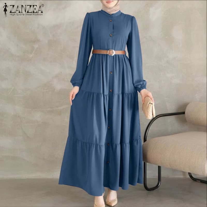 ZANZEA Donne Abiti Autunnali 2025 Moda Musulmana Abaya Vestito O Collo Manica Lunga Vestito Estivo Pieghettato Abito Elegante Abito Da Lavoro Abiti