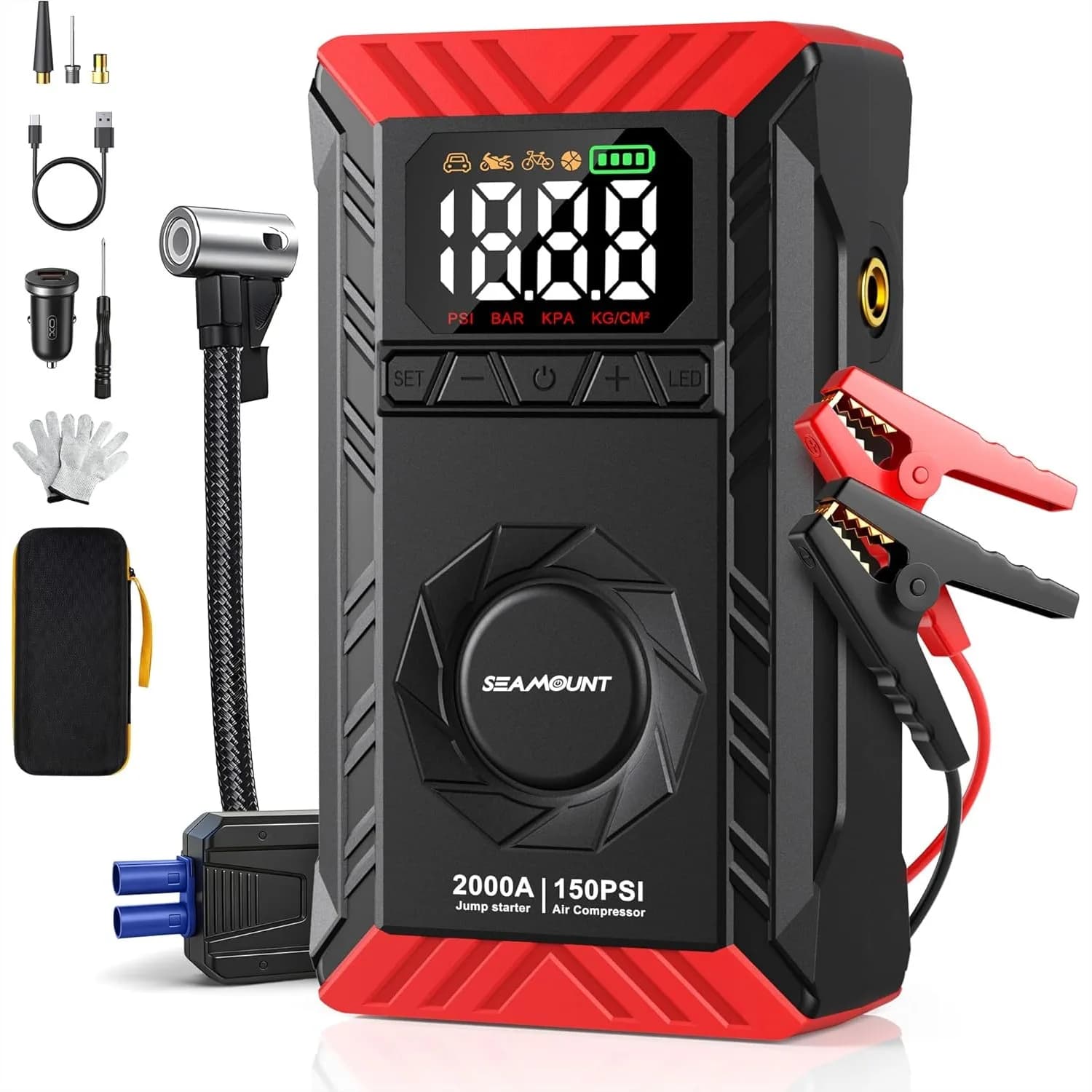 Avviatore di Emergenza 2000A con Compressore d'Aria, Booster Portatile per Batteria Auto per Motori a Benzina 6L/Diesel 3L, Gonfiatore Pneumatici 150PSI, Luce LED