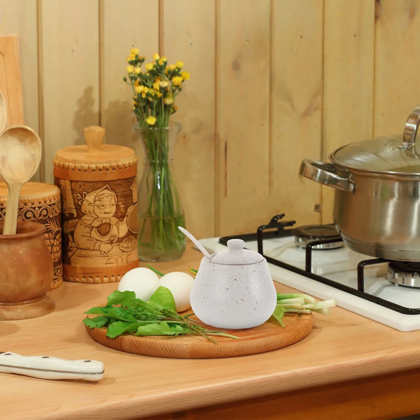 Set di Condimenti in Porcellana, Barattoli per Spezie in Ceramica con Coperchio e Cucchiaio, Resistenti alle Alte Temperature, per Mantenere la Freschezza, Stile Cucina Giapponese