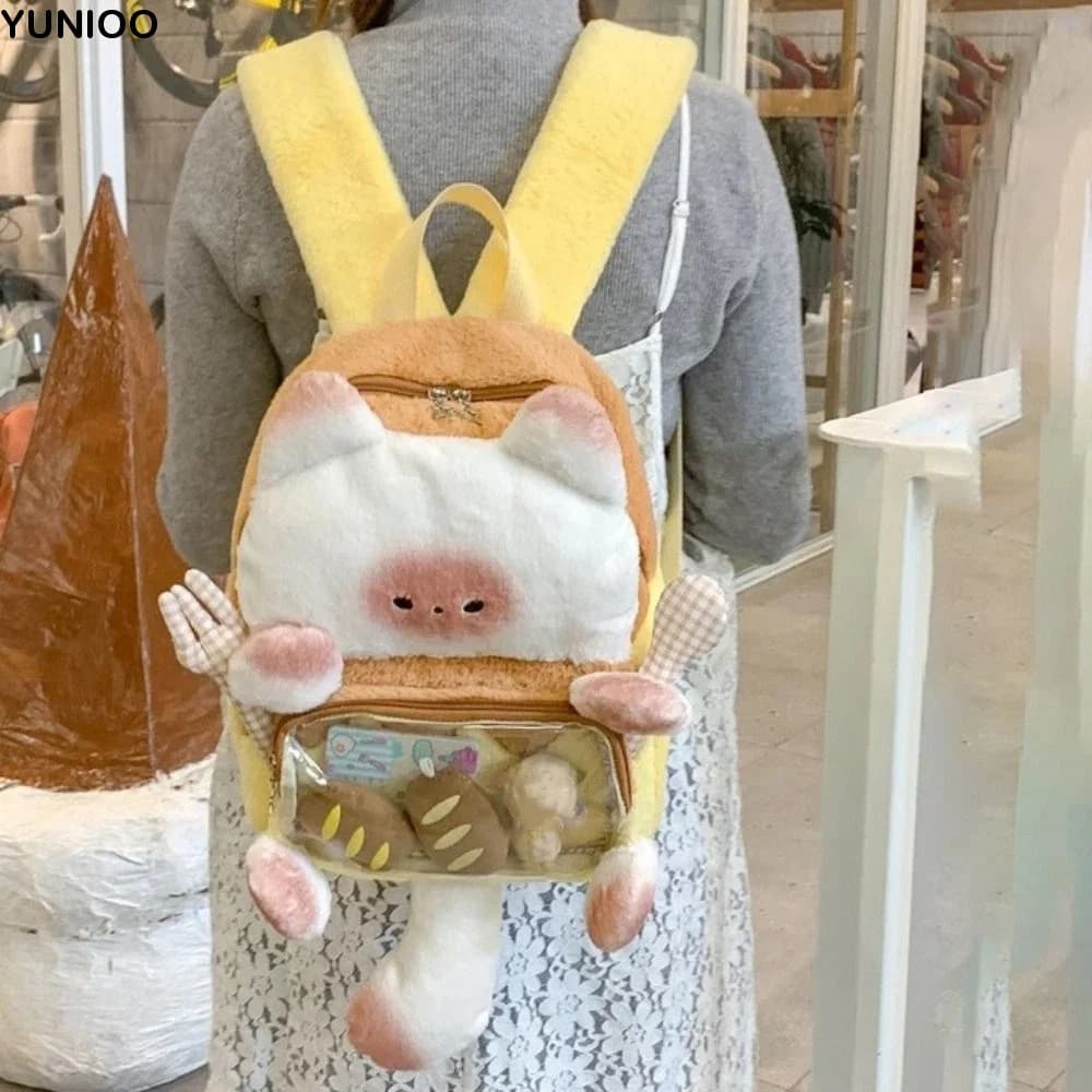 Zaino Peluche a Forma di Gatto Kawaii alla Moda, Trasparente, Carino Gatto Pane Itabag, Morbido e Soffice, Borsa Scolastica per Studenti, Borsa per la Spesa