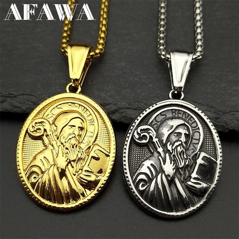 Collana con ciondolo medaglia di San Benedetto per donna uomo acciaio inossidabile color oro amuleto cattolico collane gioielli San Benito
