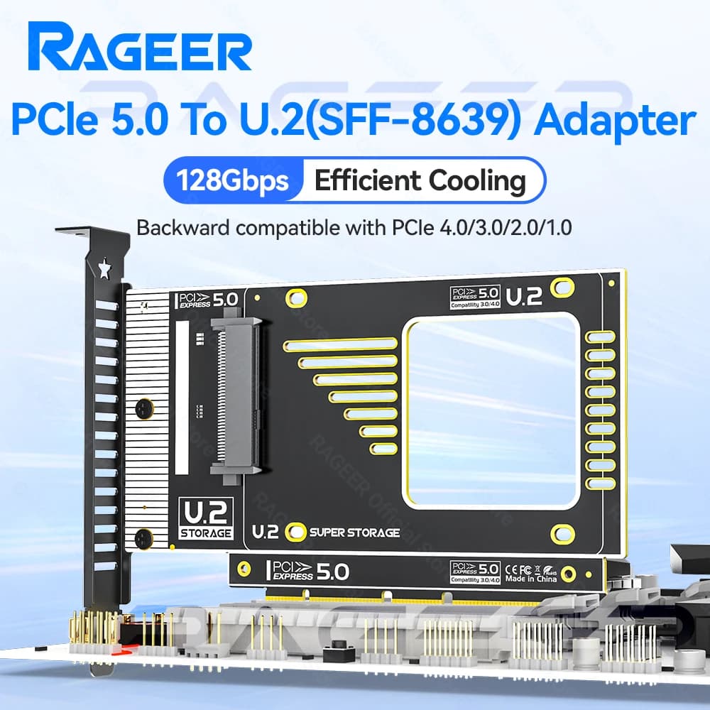 RAGEER 128Gbps PCIe 5.0 a U.2 (SFF-8639) Adattatore U.2 SSD a scheda di espansione PCIE X4/X8/X16 compatibile con PCIe 4.0/3.0/2.0/1.0
