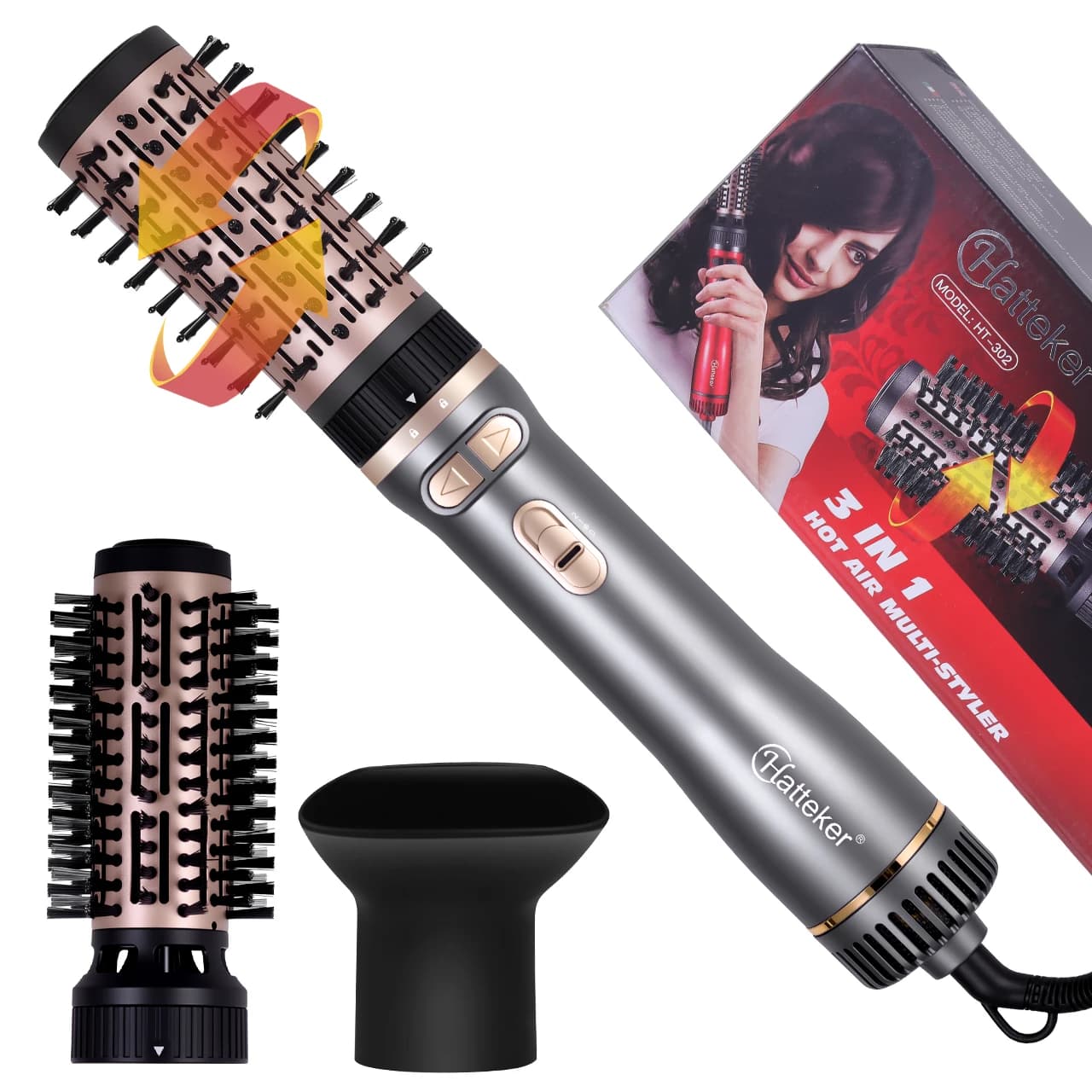 Hatteker EU 3-Head Hot Air Brush Hair Dryer Strong Wind Electric Straightener Curler Roller Comb Blower Styling Tool for Women