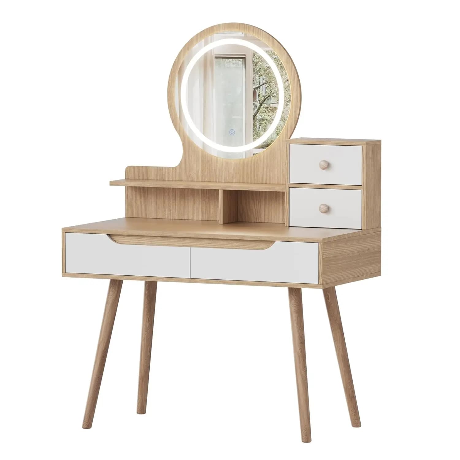 Toeletta Bianca con Specchio Illuminato, Cassetti e 3 Ripiani Aperti, Gambe in Legno Massello per Camera da Letto, 80x40x127 cm, Personalizzabile