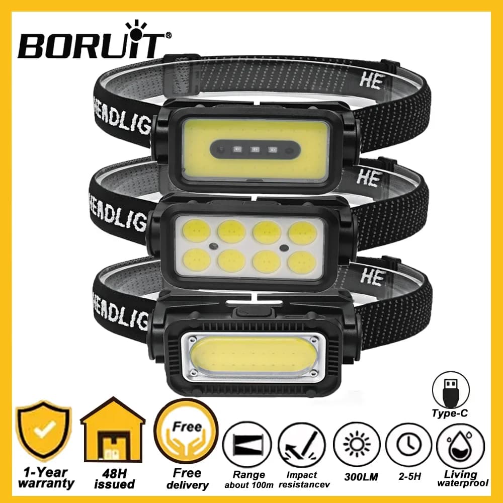 BORUiT COB LED Lampada frontale da lavoro Sensore ad alta potenza Faro Tipo-C Torcia ricaricabile Impermeabile Lanterna da ricerca per pesca da campeggio