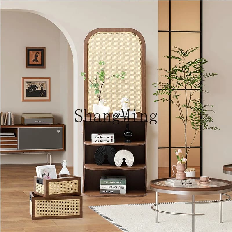 Divisorio in legno massello FG per soggiorno, ingresso, veranda, moderno e semplice, con mensola ad arco in rattan