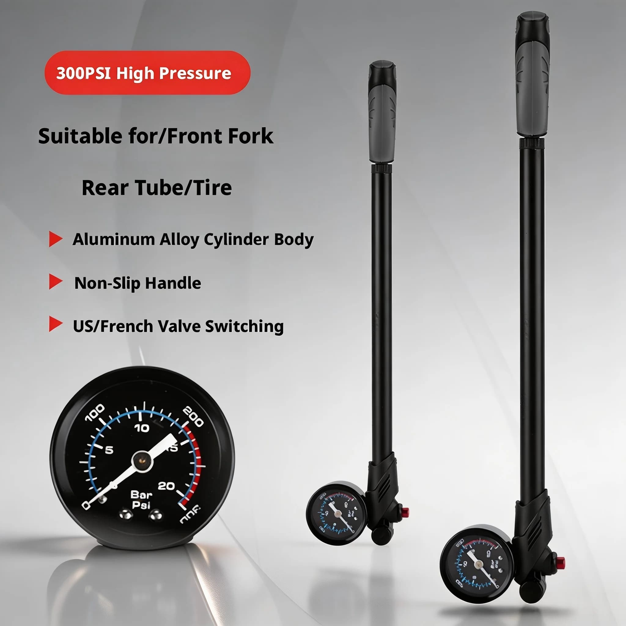 High Pressure Bike Shock Pump Aluminum Alloy Bicycle Suspension Fork Pump with Gauge Valve for Moto Bike Cycling US FR Universal