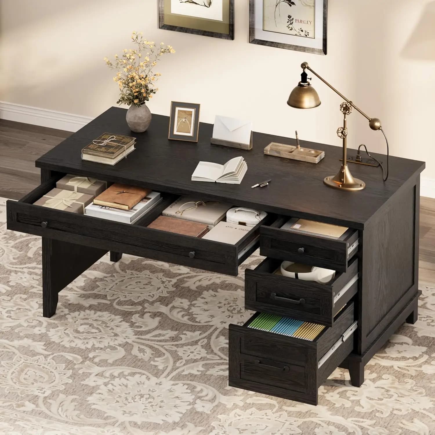 Farmhouse Executive Desk with Drawers, 53.54 in Home Office Desk with Charging Station, Wooden Computer Desk with, Customized