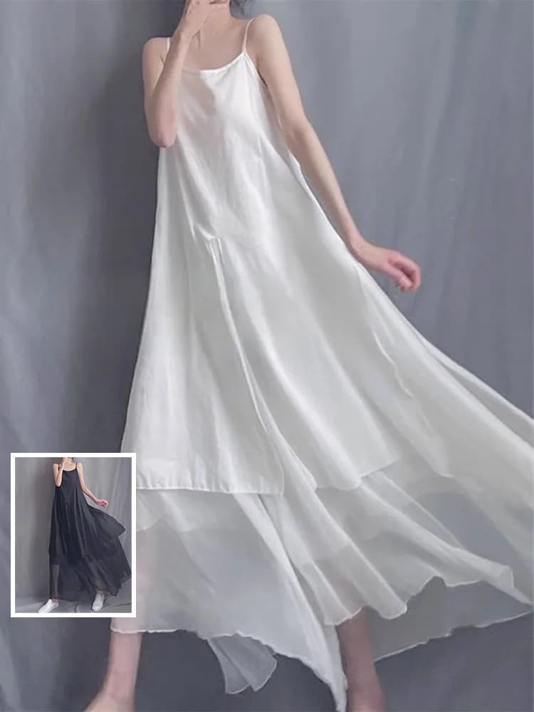 Abito lungo asimmetrico in cotone e lino tinta unita, elegante e alla moda, da donna, taglie forti, casual, con scollo a V e gonna a trapezio
