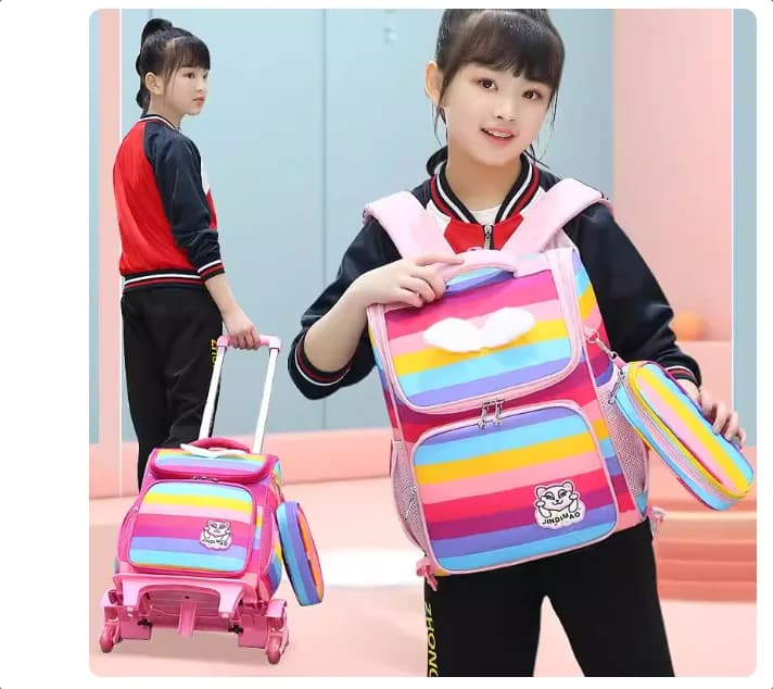 Zaino scolastico leggero con ruote per ragazze, classi 1-6 (6-12 anni), zaino trolley scolastico con protezione per la schiena, zaino per bambini