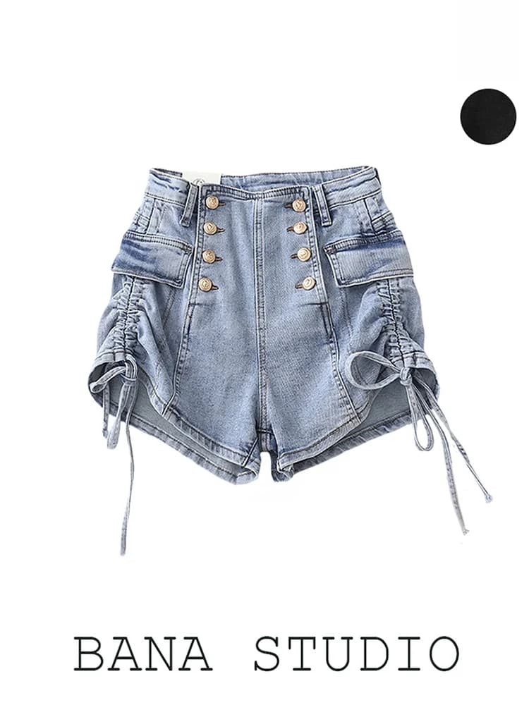 BANA Sweet Spicy High Waist Denim Shorts Women's Summer Thin Cotton Stretch Jeans Belted Straight Leg Deep Blue Color