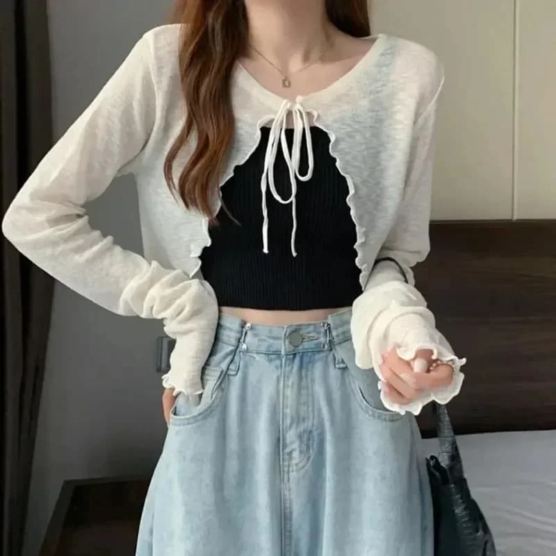 Cardigan lavorato a maglia bianco donna estate sottile protezione solare maglieria con lacci top donna stile coreano manica lanterna cappotto corto