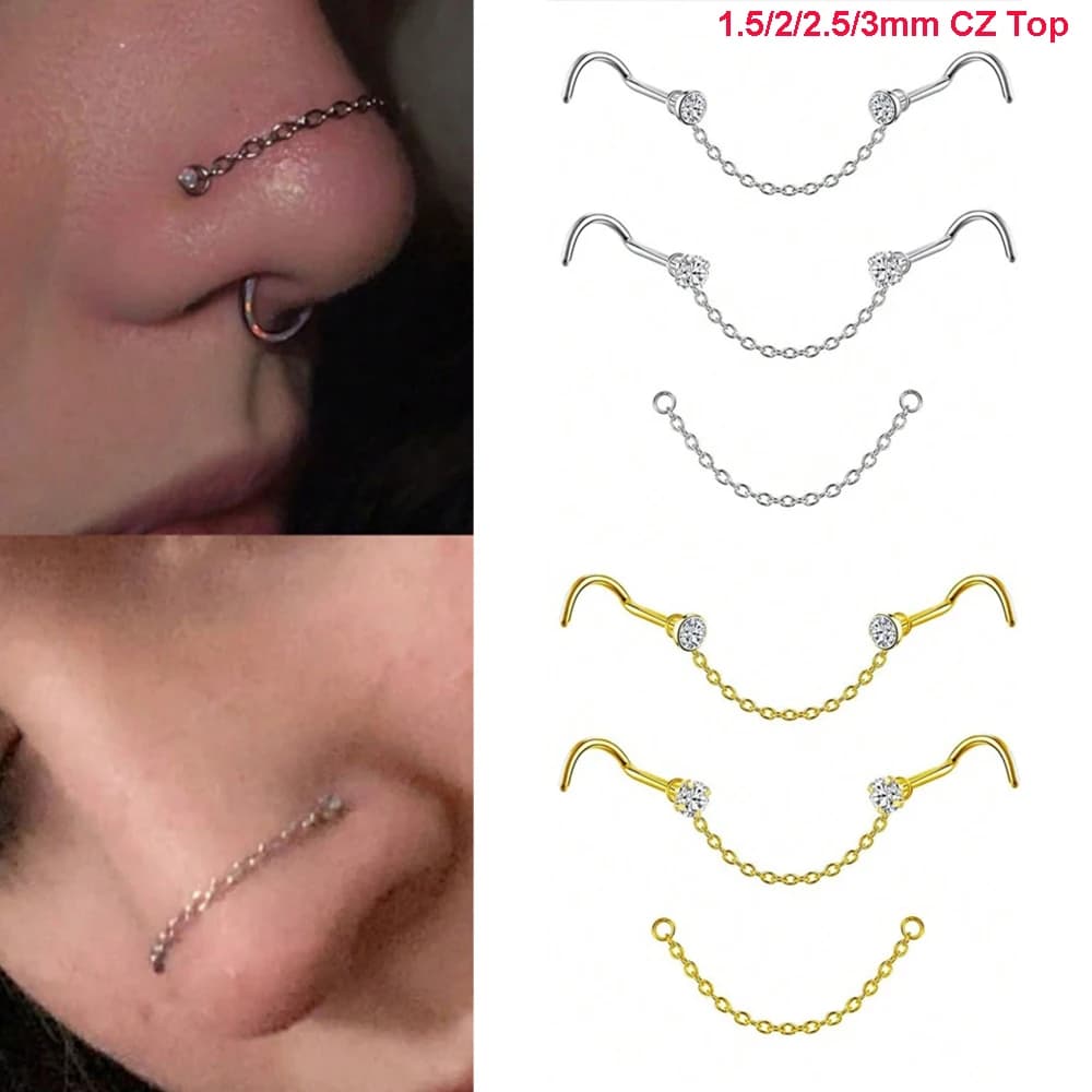 1.5/2/2.5/3mm CZ anelli del naso superiore Chain Studs Piercing in acciaio inossidabile gioielli 20G cubici zirconia anelli del naso doppio naso Stud