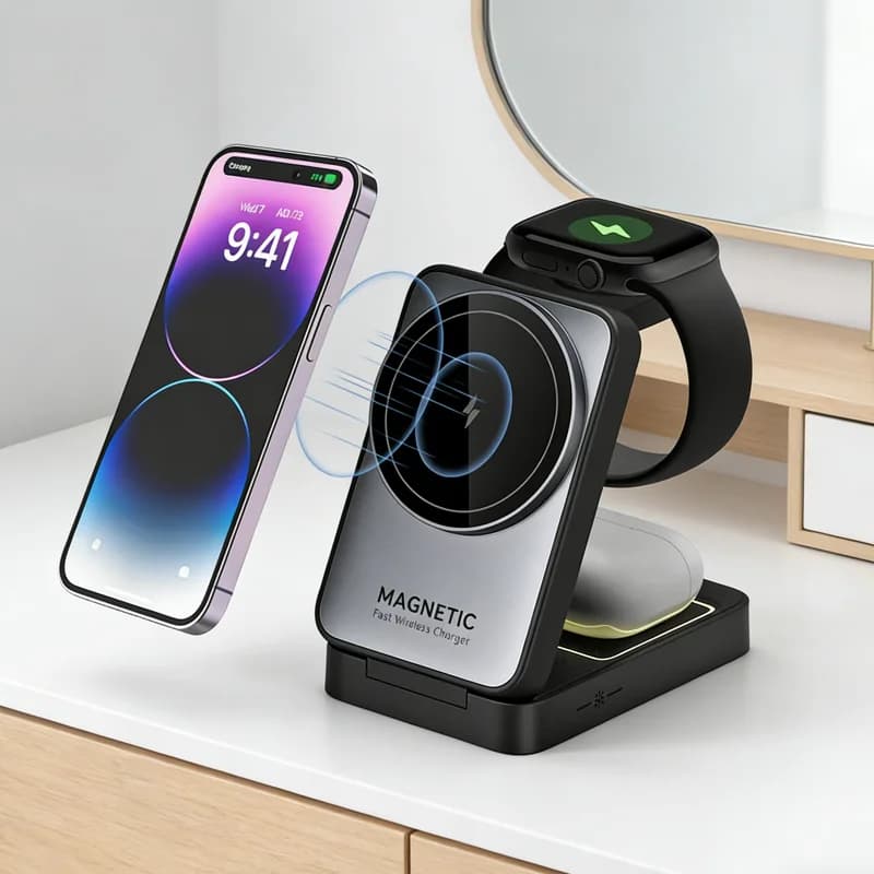 Supporto di ricarica wireless magnetico pieghevole 3 in 1 per Magsafe iPhone 16 15 14 13 Apple Watch 2-9 Airpods Pro, stazione di ricarica rapida