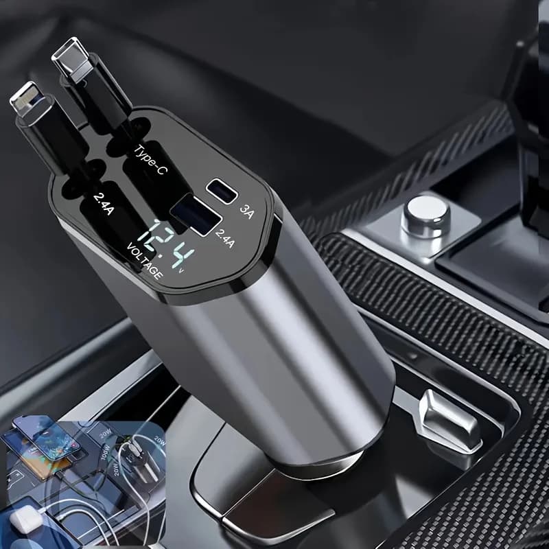 120W Retractable Car Charger, 4 in 1 Fast Car Phone Charger, 180 ° Free Adjustment Direction, with 2.6 Ft Retractable Cord USB C