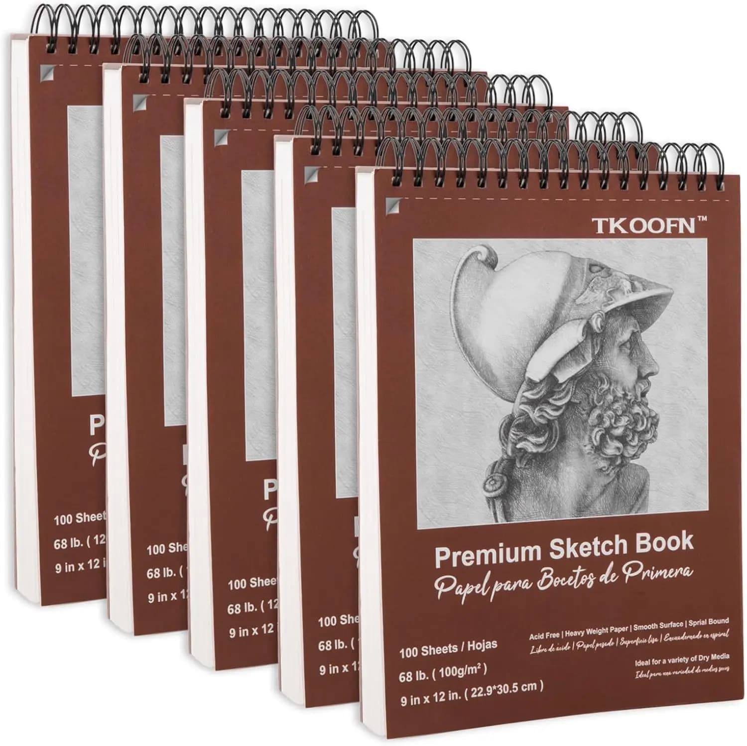 5 Pack 9x12 Sketch Book Bulk, 500 Sheets Total, Top Spiral Bound Drawing Pads 100gsm, Acid-Free Paper for Adults Kids Artists