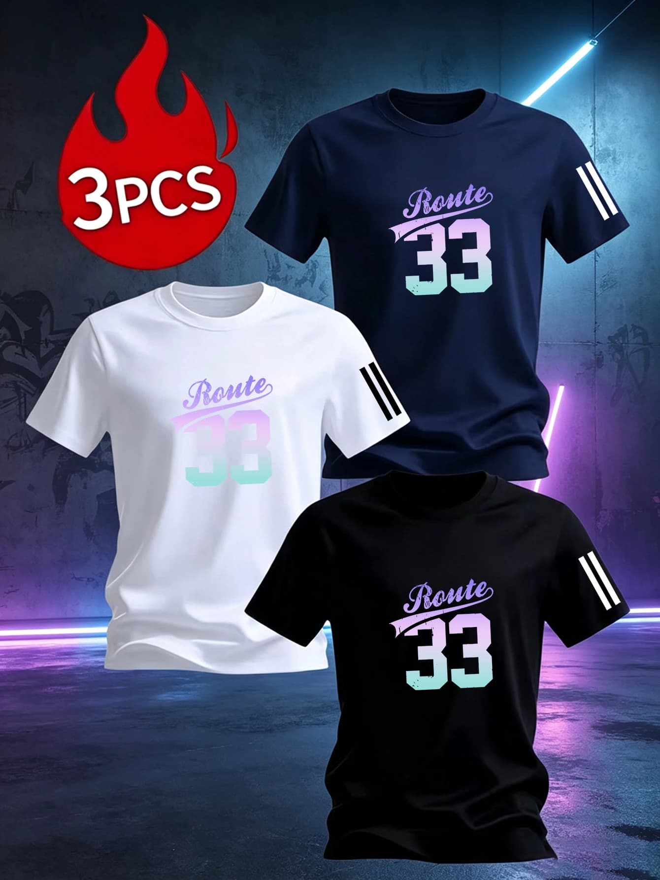 3PCS Men Route 33 Gradient Letter Number Print Crew Neck Short Sleeve Casual Daily T-Shirts