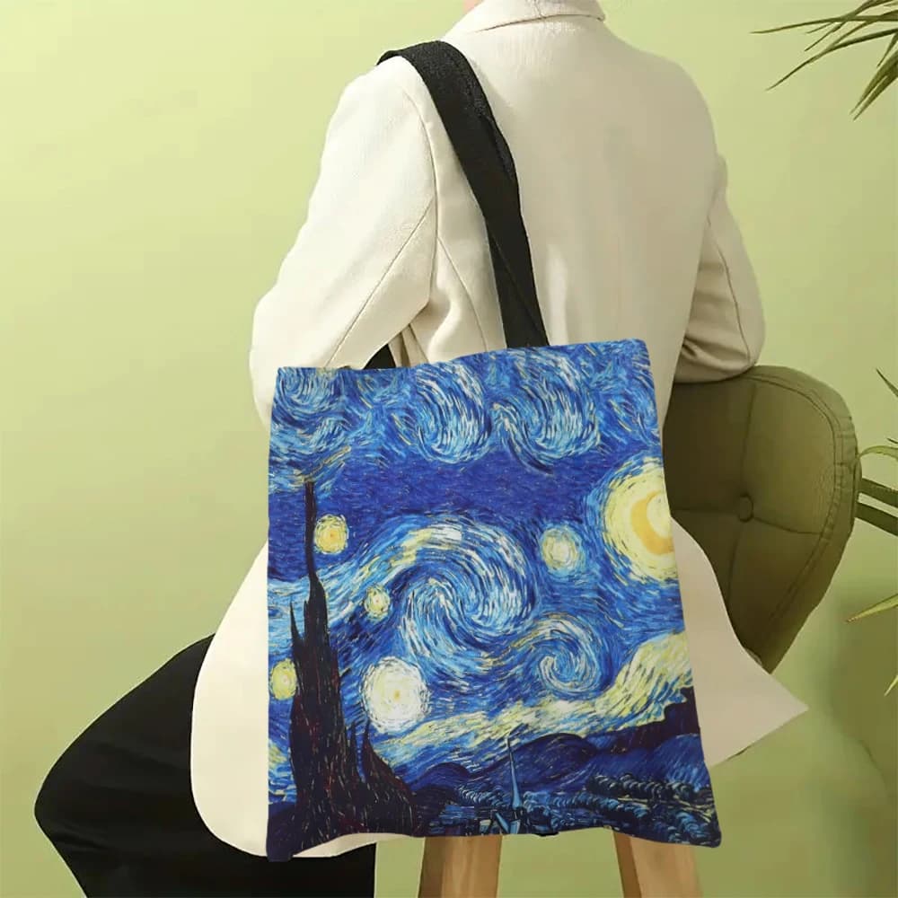 Van Gogh Series Canvas Bag Oil Painting Starry Night Sunflower Apricot Flower Coffee Bag 30X35 cm