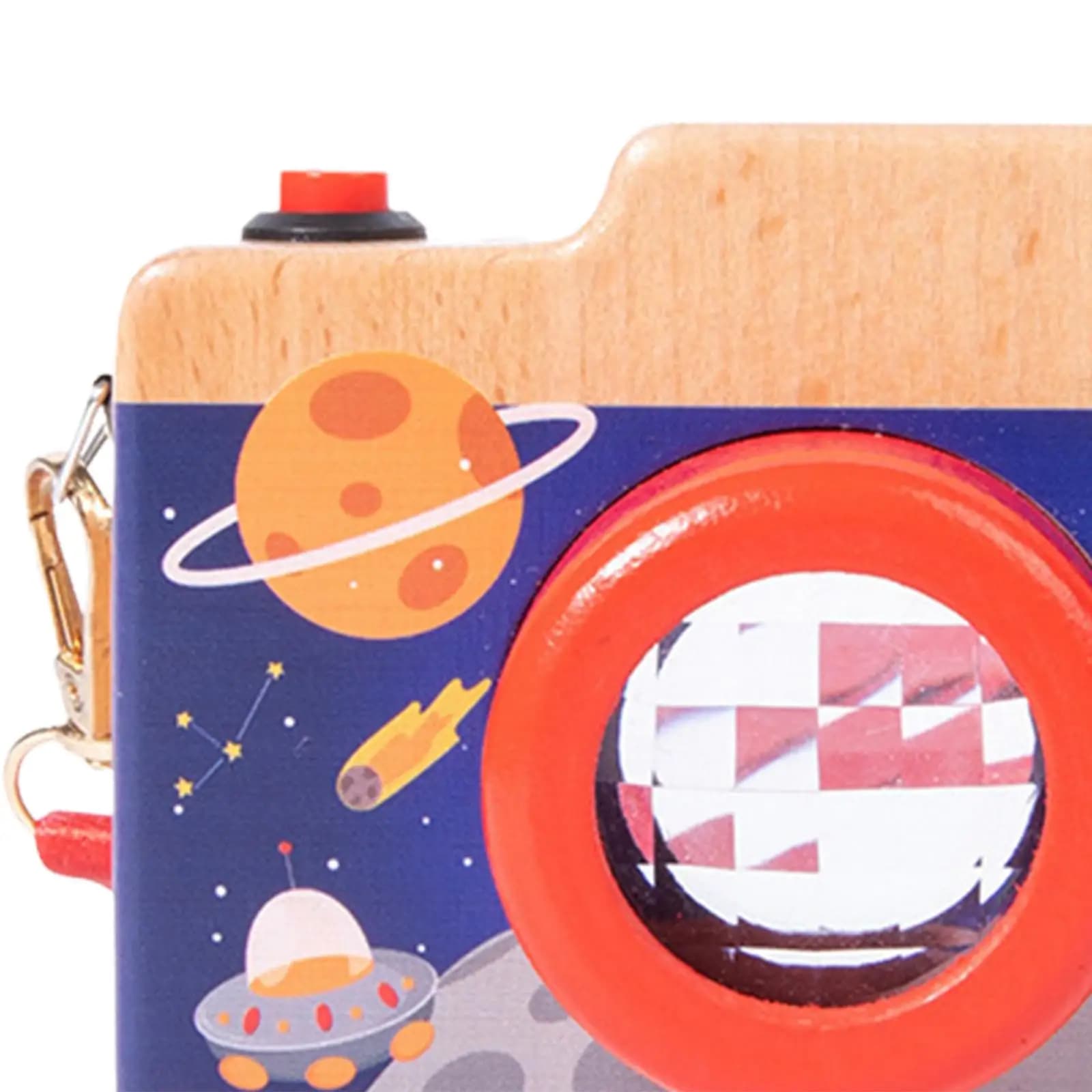 Giocattolo Montessori in Legno a Forma di Fotocamera con Cordino Regolabile e Lente Caleidoscopica Trasparente, Regalo per Bambini e Bambine