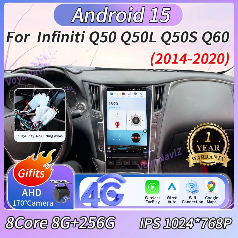 Android 15 Car Radio Carplay 12.1" For Infiniti Q50 Q50L Q50S Q60 2014-2020 CPU 7862S Screen Head Unit GPS Video Player 4G FM BT