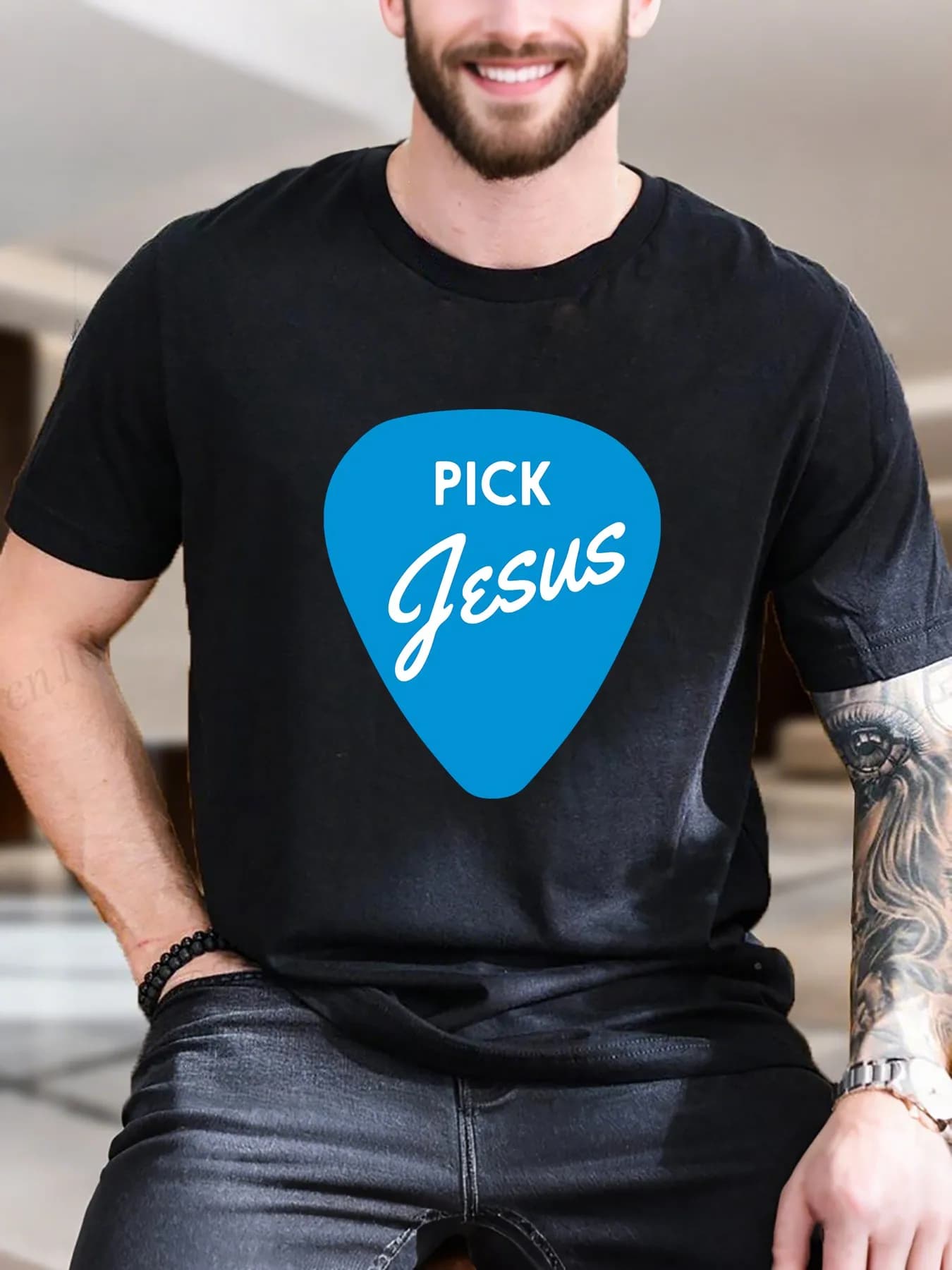 T-shirt stampata in cotone da uomo - Design Blue Jesus Guitar Pick, maglietta casual traspirante e confortevole per l'uso quotidiano, streetwear alla moda