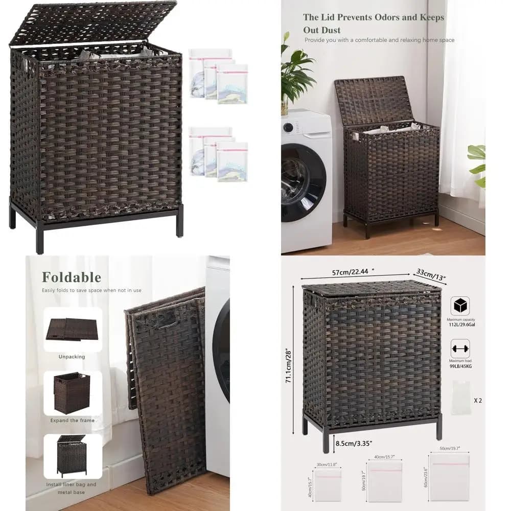 Cesto Portabiancheria in Rattan Intrecciato a Mano da 112L con Coperchio e 2 Sacchi Interni Rimovibili, 6 Sacchetti a Rete, Ideale per Vestiti e Organizzazione del Bagno