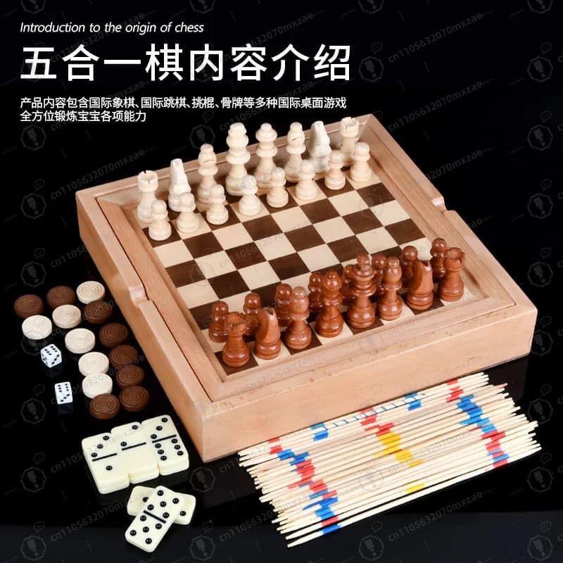 Set 5 in 1 in legno: scacchi, gioco delle carte, universale per scacchi/jiuzi/domino/dama/giocattoli da raccogliere