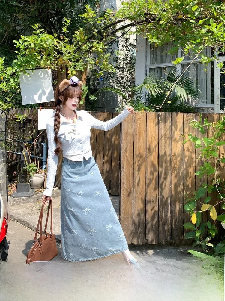 Blue Denim Embroidered Half Skirt Women's Commuter Versatile Knot Long Skirt High Waist A-Line Daily Wear Polyester...