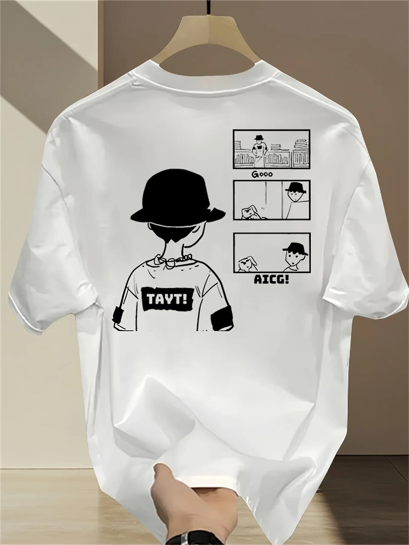 Minimalist Black & White Comic Print Men's 100% Cotton T-shirt Casual O-neck Short Sleeve Tops Streetwear Tees