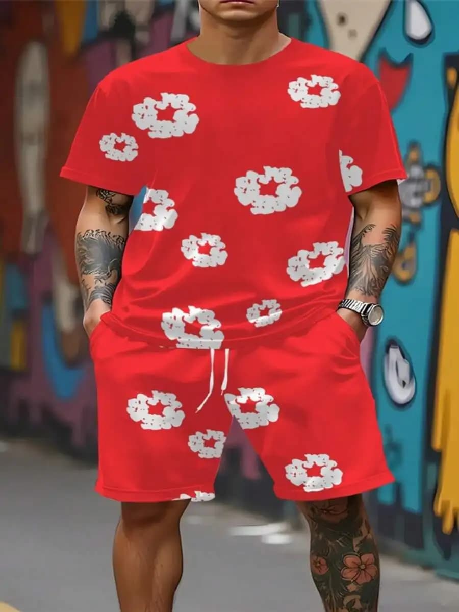 Pantaloncini Casual con Stampa Floreale Rossa e Cordoncino in Vita, Unisex, Streetwear, Abbigliamento Estivo da Spiaggia