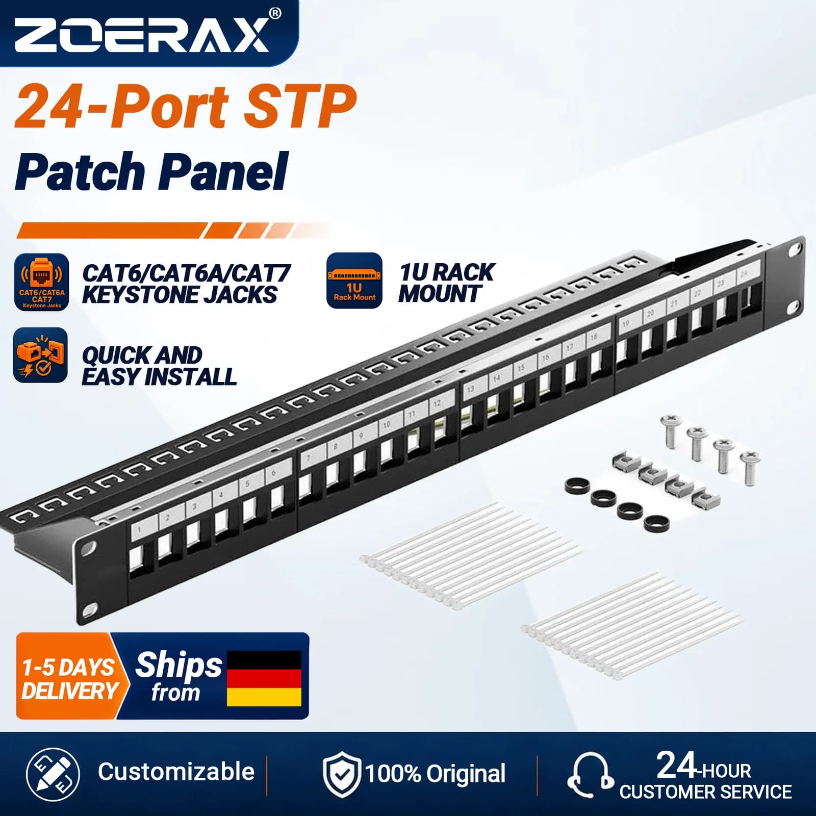 Pannello patch vuoto schermato ZoeRax RJ45 a 24 porte Pannello patch di rete 1U da 19" con gestione dei cavi e barra di supporto