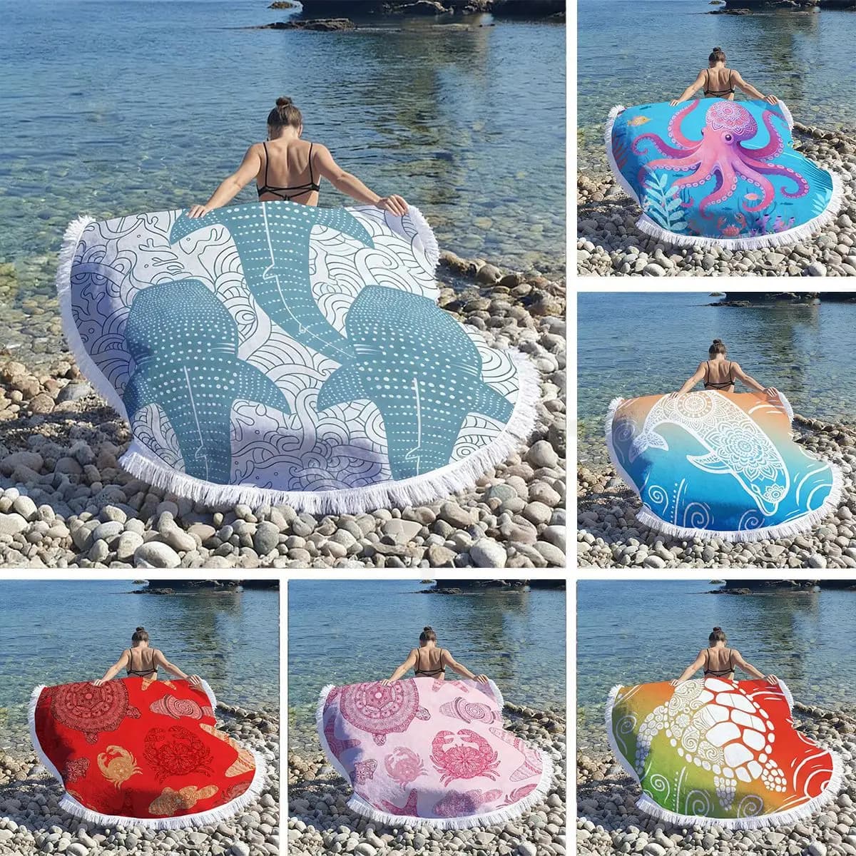 Octopus Turtle Round Tassel Beach Towel Microfiber Quick Dry Absorbent 1.8m Mat for Yoga Meditation Travel Portable Singing Bowl